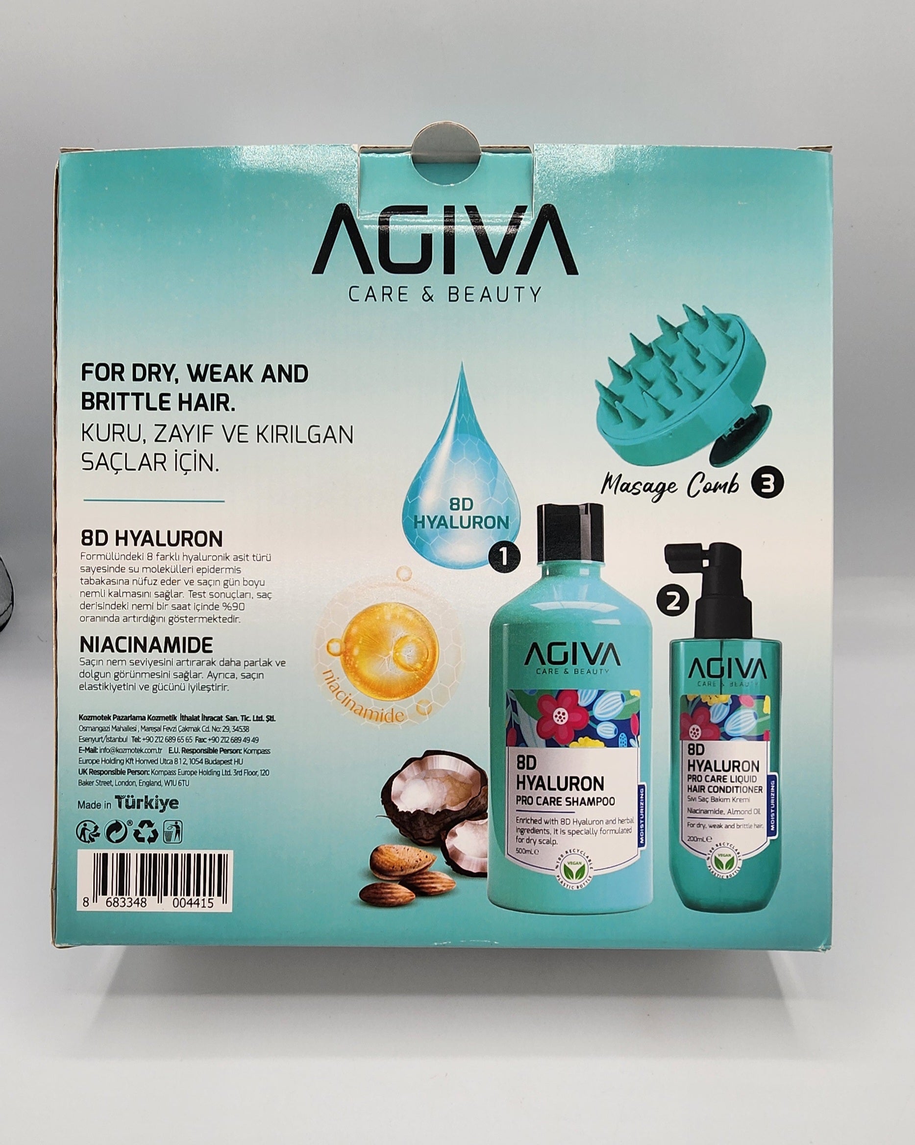 AGIVA 8D Shampoo & Conditioner with Hyaluronic Acid & Massage Comb - 3 Pc Gift Set