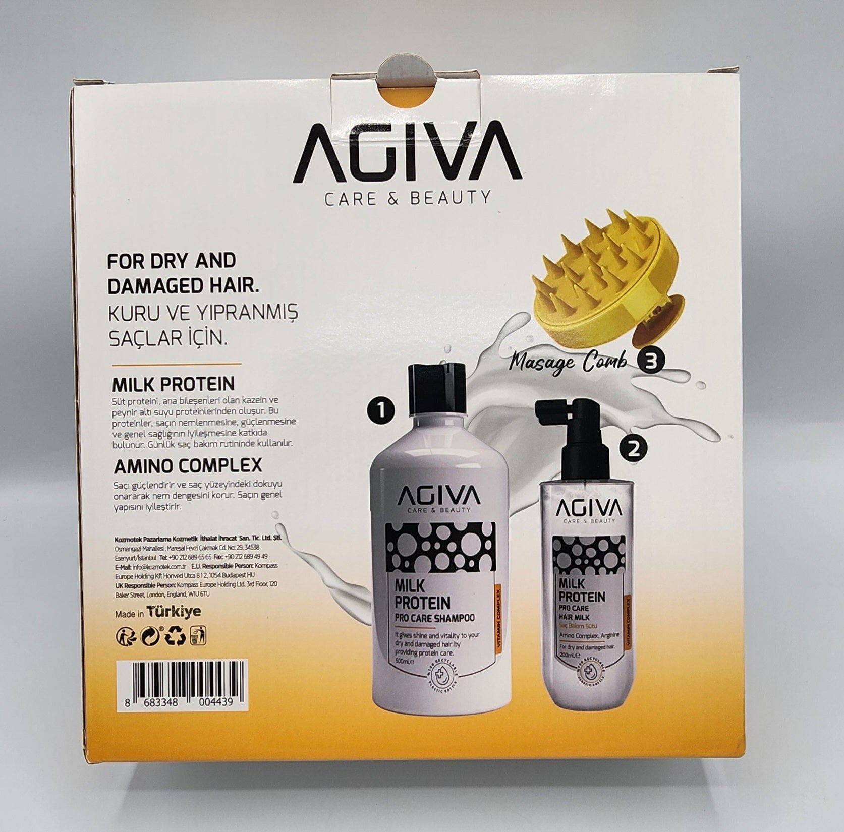 AGIVA MILK PROTEIN Shampoo and Conditioner with Massage Comb - 3 Pc Gift Set